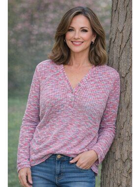 SUNDANCE Space Dye Ribbed Knit Henley Top Large Feminine Boho Stretch Travel